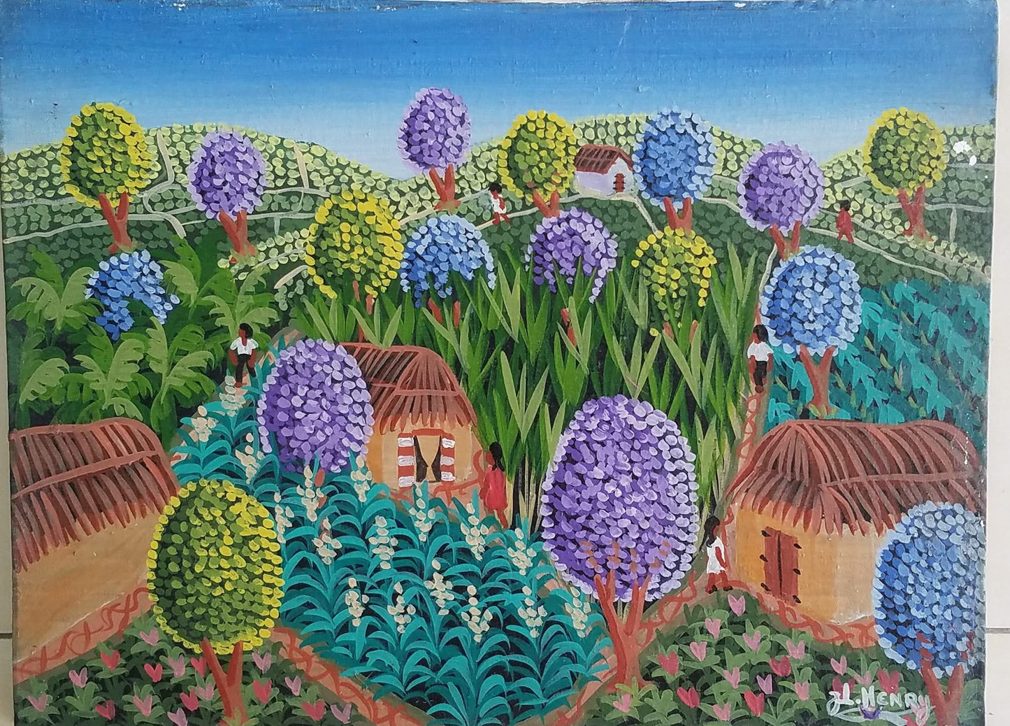 Jacques-Lionel (J.L.) Henry 12"x16" Escena rural/Cuatro casas C1980 Óleo sobre lienzo #8JN-HA