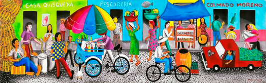 Jose Morillo 60"x20" Market Scene 2013 Acrylic on Canvas #23JM-DR