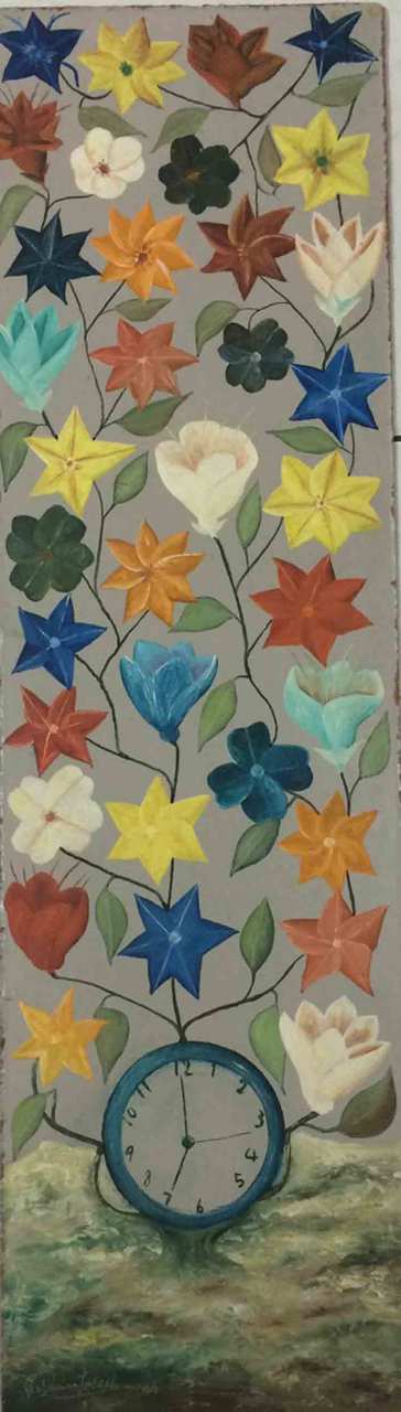 Jasmin Joseph (1923-2005) 9" x 33" Clock With Flowers Oil on Board #10GSN-HA