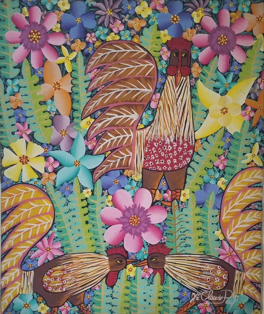 Jean-Claude Paul 24"x24" Three Roosters Oil on Canvas 1981 #1JN-HA