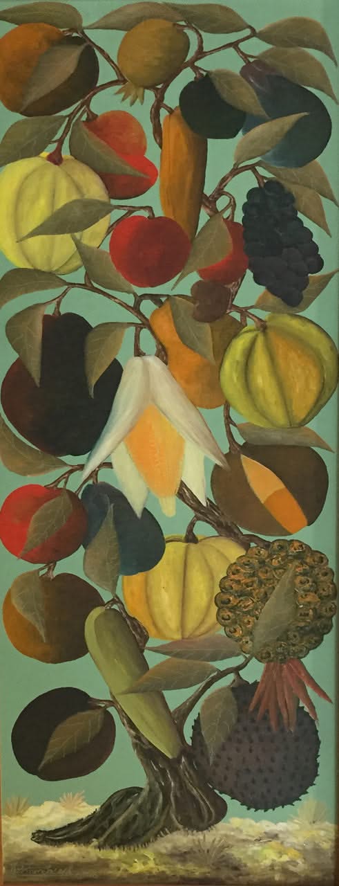 Jasmin Joseph (1923-2005) 36"x12" Árbol de la vida#2 1966 Óleo sobre tabla #3MFN