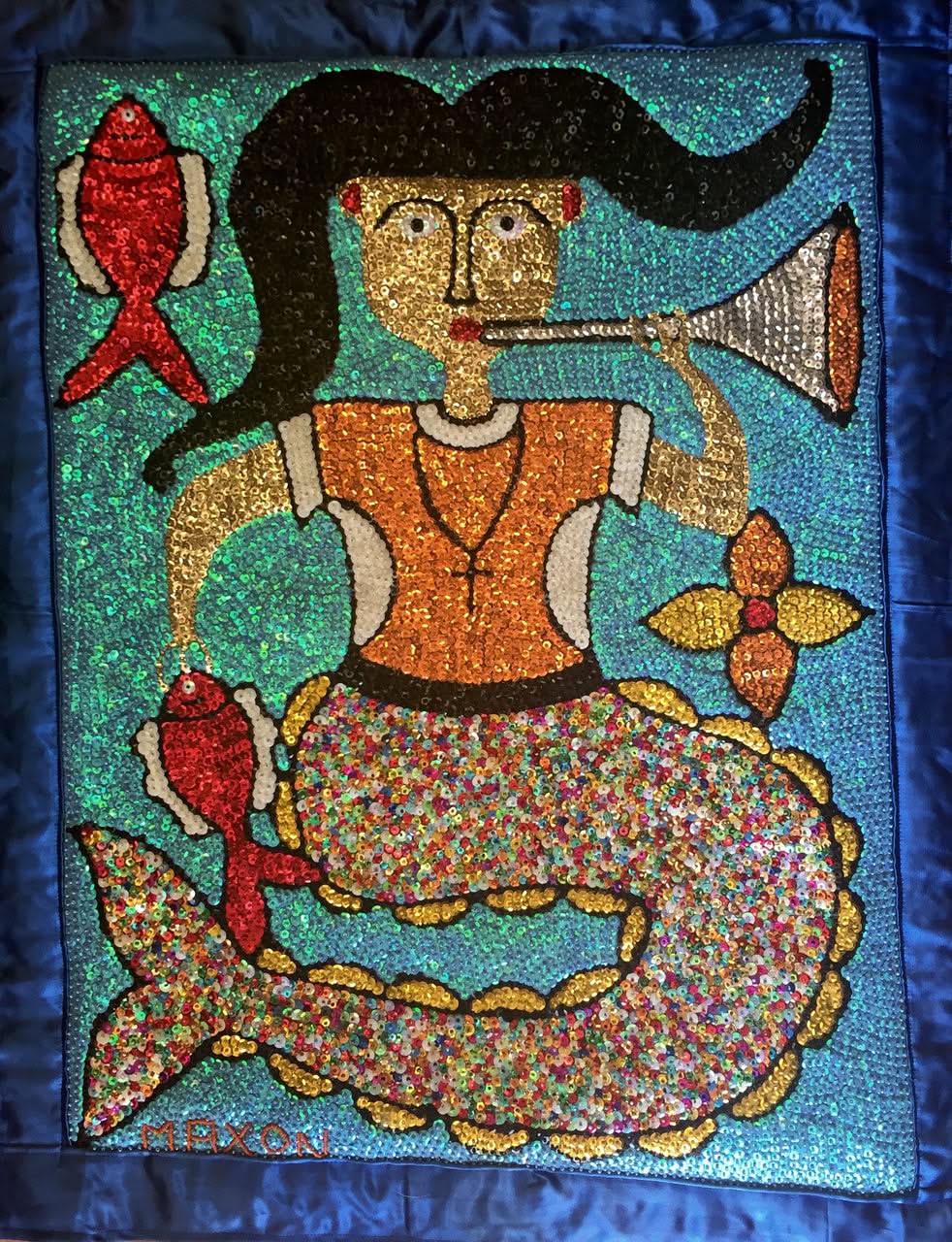 Maxon Scylla- Haitian Sequined and Beaded Voodoo Flag on Satin, 2016 "La Sirene" #2MFN 34"x26"