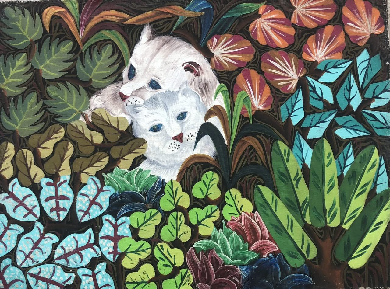 Raymond Lafaille 12"x16" Dos gatos blancos c1980 Óleo sobre lienzo #1JN-NY