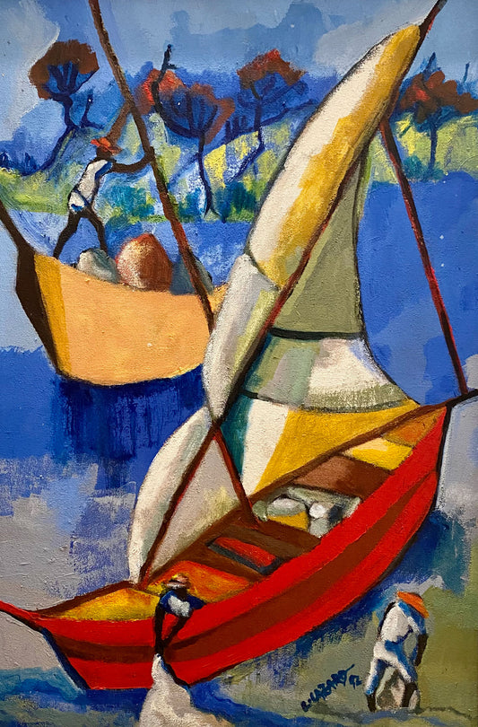 Luckner Lazard (Haitian, 1928-1998) 24"x16" Fishermen/Shoreline 1992 Oil on Canvas Painting-Framed 19 ¼" x 27" #2TC