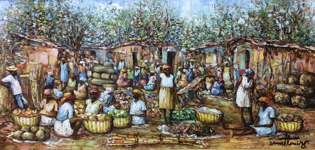 Ernst Louizor 12"x24" market Scene 1999 Oil on Canvas #111-3-96MFN