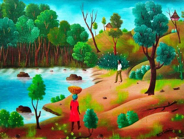 Painting of a woman carrying a basket by a river with trees and a house in the background.