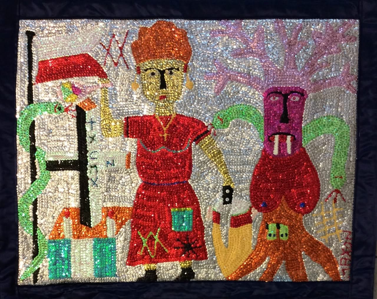 Maxon Scylla 28"x35" Mambo 2017 Bandera de vudú con lentejuelas y cuentas en satén #7MFN