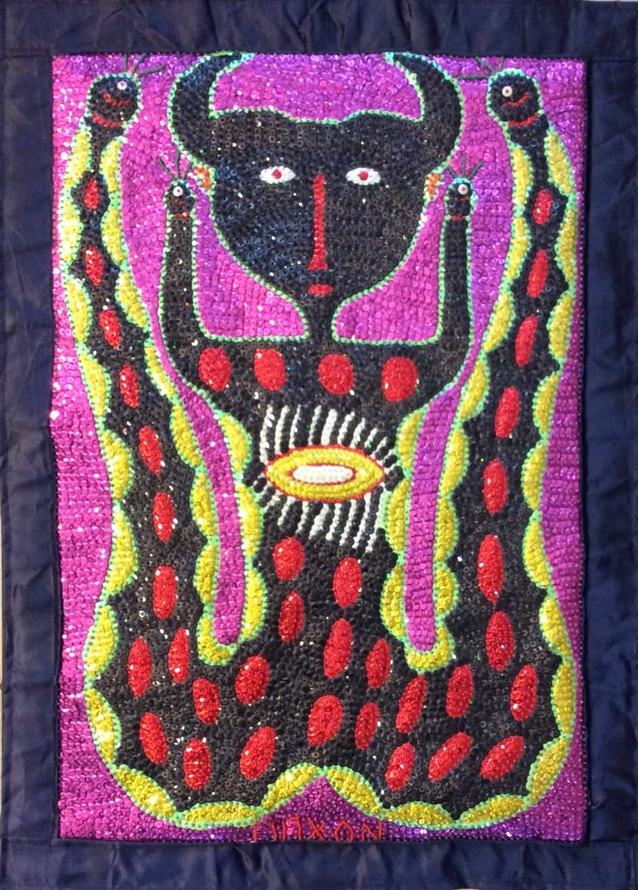 Maxon Scylla 31"x22" Damballah Bossou 2017 Drapeau vaudou à paillettes et perles sur satin #9MFN