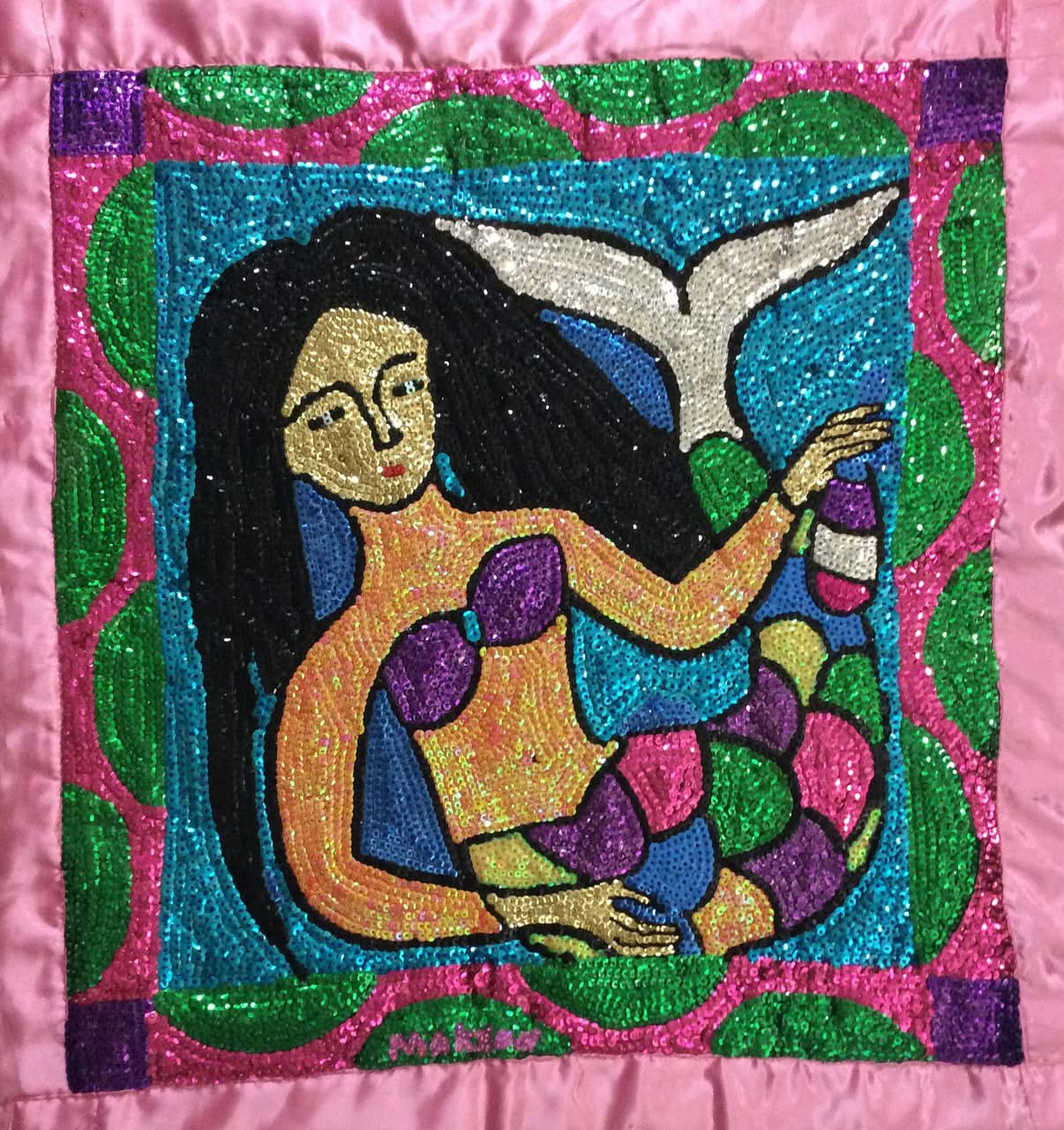 Maxxon Scylla 33.5"x32" La Sirene Haitian Sequined and Beaded Voodoo Flag on Satin, 2017 #2MFN