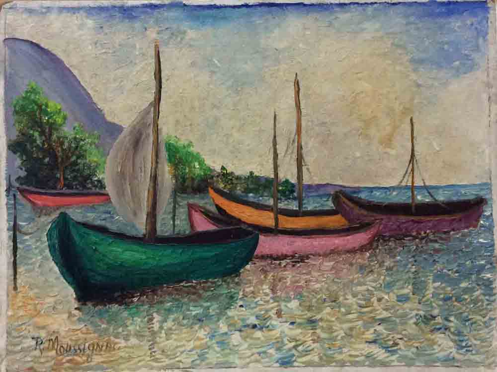 Roussel Moussignac 11"x14" Quatre voiliers 1972 Huile sur planche #2-2-95MFN