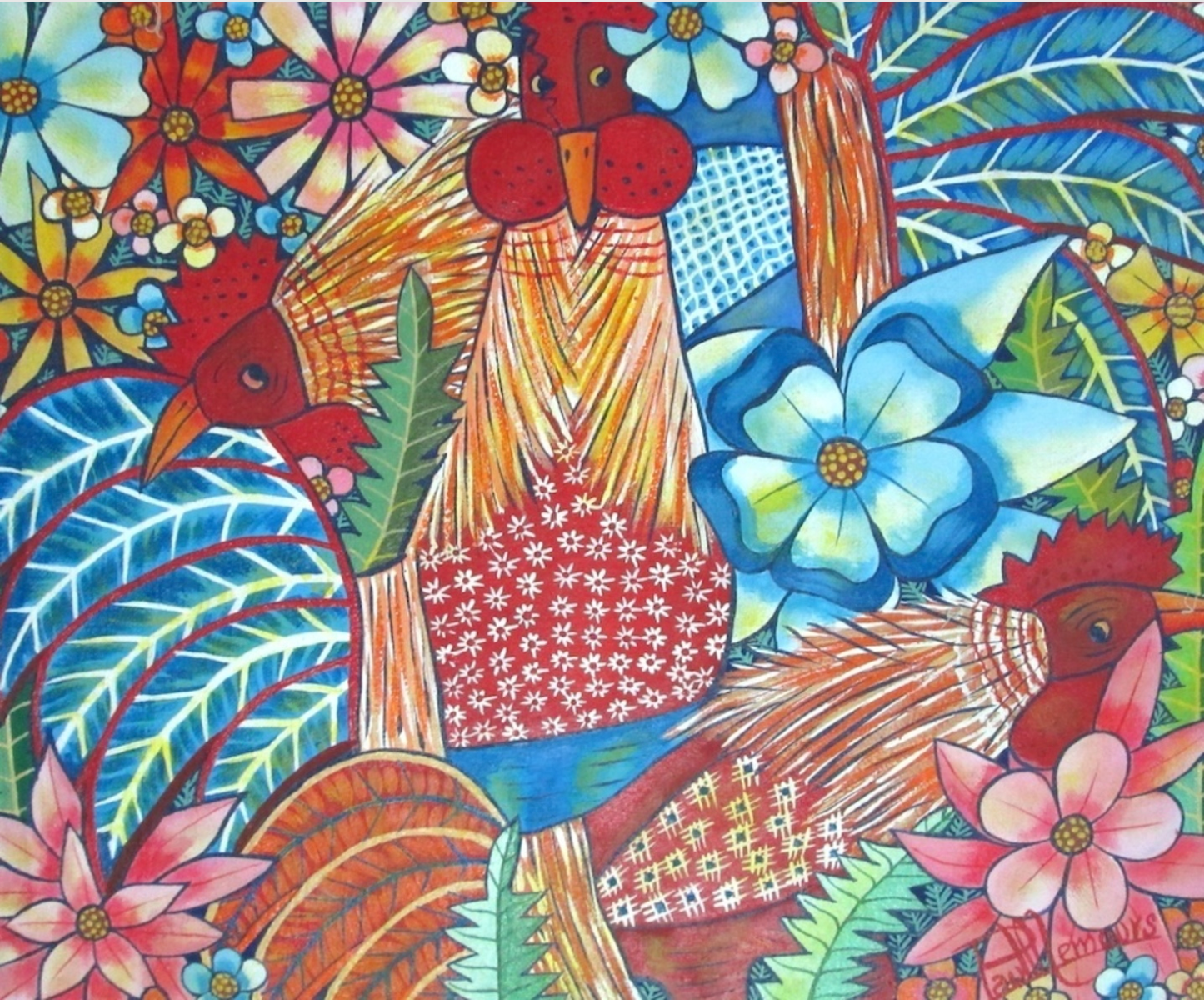 Paul Nemours 20"x24" Three Coqs Oil on Canvas #J53-HA