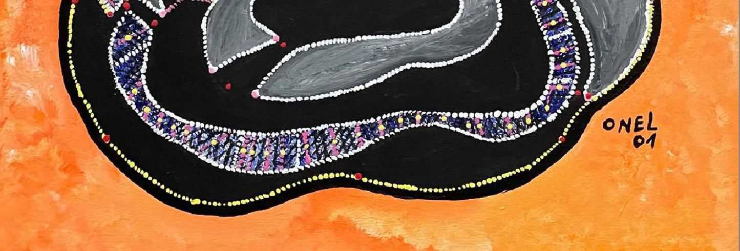 Onel-Lionel Paul 16 ¼"x13 ⅞" Abstract/Spirit and Snakes in Orange Background 2001 Acrylic Painting on Bristol Paper Mounted #4MFN