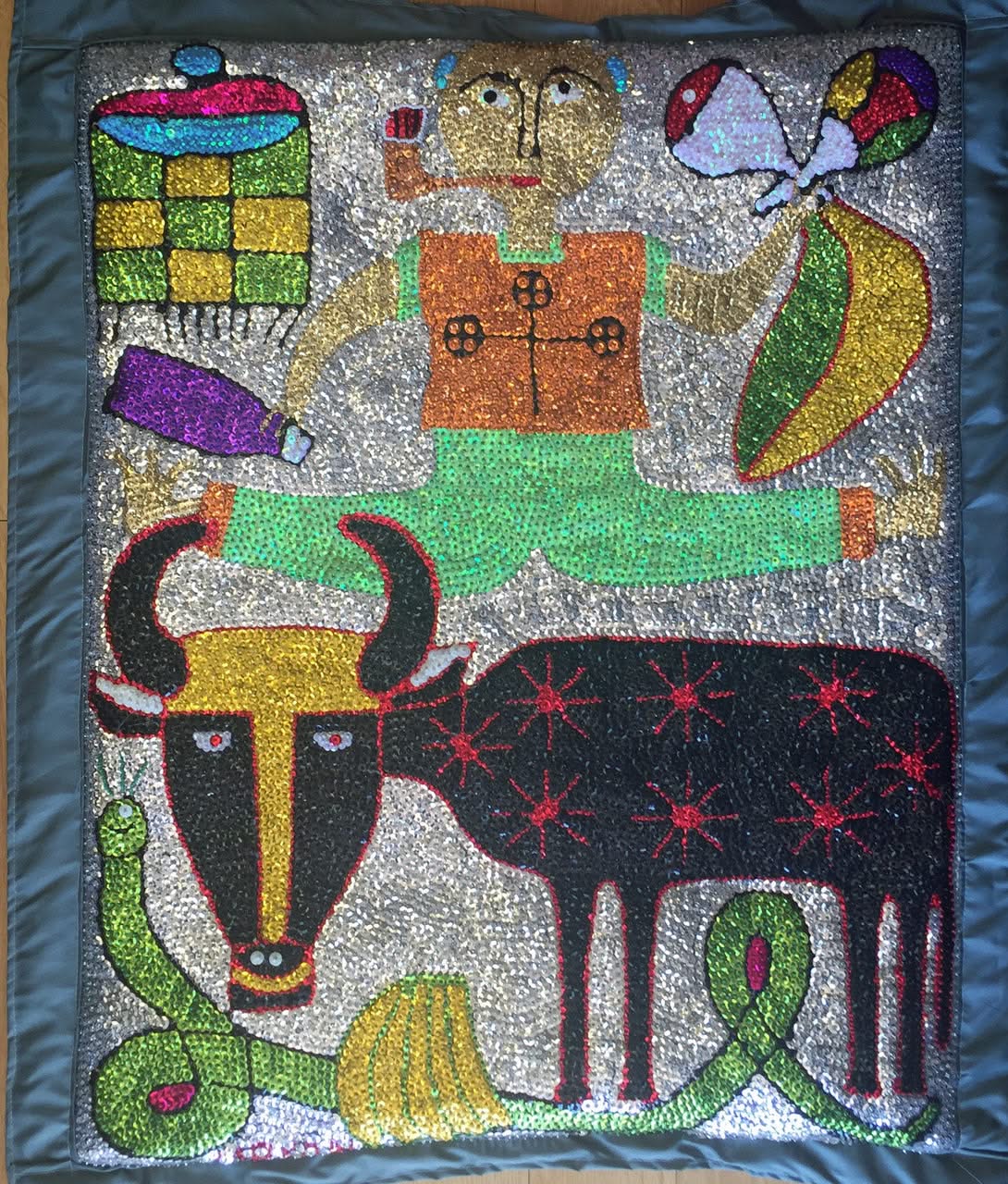 Maxon Scylla- Haitian Sequined and Beaded Voodoo Flag on Satin, 2016 "ZaKa, Bossou, Damballa" #3MFN 32"x28"