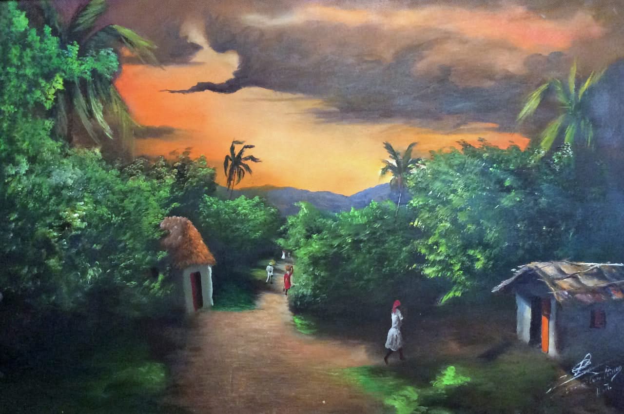 Louverture Poisson (1914-1985) 24"x36" Escena nocturna Óleo sobre lienzo #5-2-95MFN