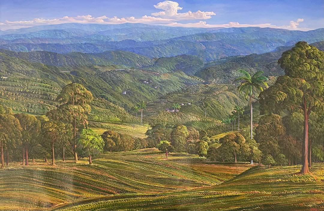 Jean Adrien Seide 48"x71.5" Blue Sky Valley With Mountains 2022 Acrylic On Canvas Painting #8A-MFN