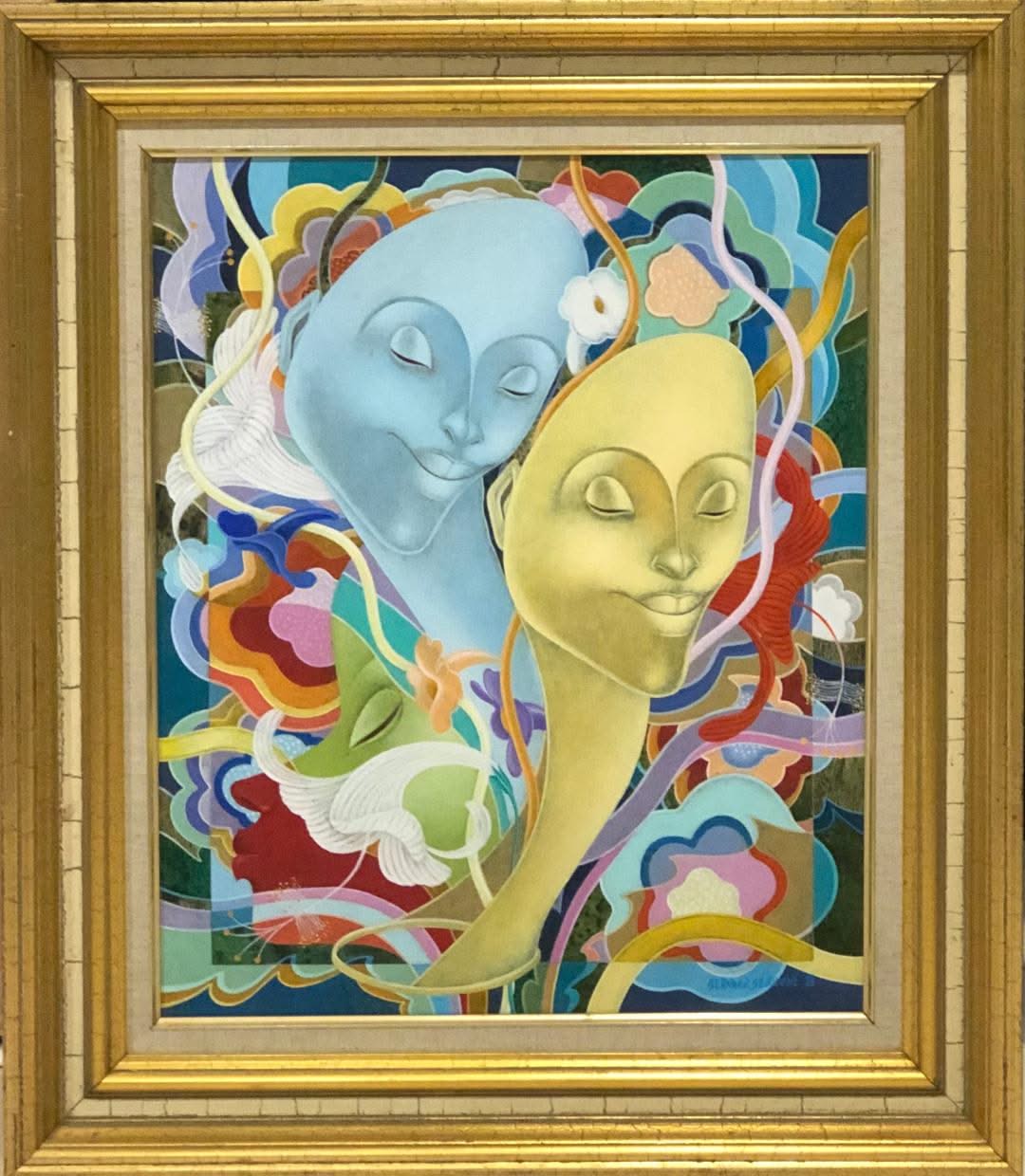 Bernard Sejourne (1947-1994) 24"x20" Blue Face/ Yellow Face 1988 Acrylic On Masonite Framed #15FC