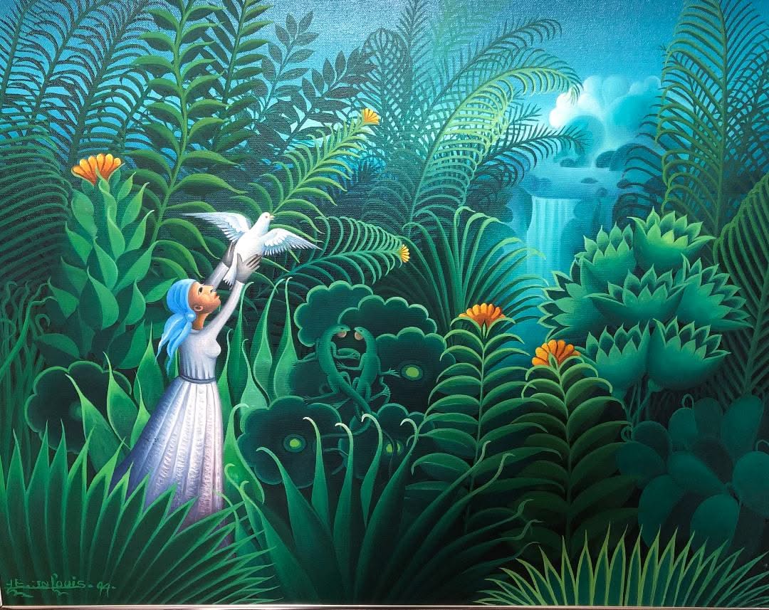 Eric Jean-Louis (Haitian.1957-2022) 20"x24" "Freeing the Bird" Oil on Canvas Painting 20"h X 24"w #1GSN-NY