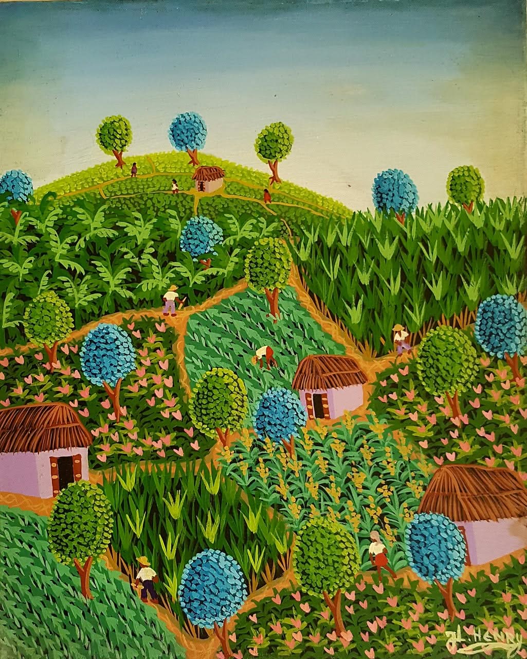 Jacques-Lionel Henry 20"x16" Four Houses 1979 Oil on Canvas #2JN-NY