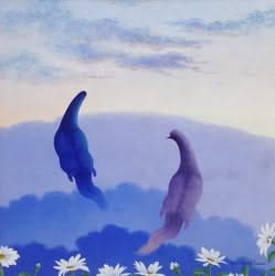Jean-Pierre Theard 24"x24" Two Flying Pigeons Oil on Masonite #9301GN-HA