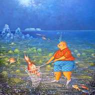 Andre Blaise 16"x16" The Fisher Oil on Board #1247 GN-HA