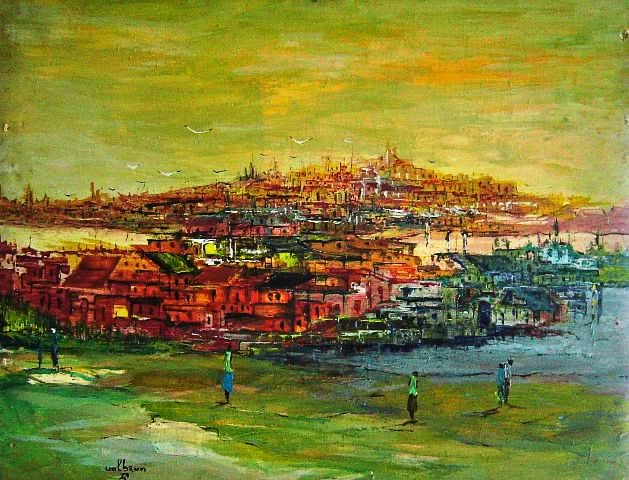 Johnny Valbrun II (Dcd en 2005) 16"x20" Village Scene 1984 Óleo sobre lienzo #11-3-96MFN