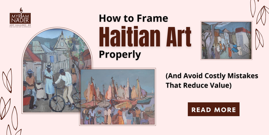 Collector examining professionally framed Haitian painting with museum-quality archival matting and UV-protective glass in an elegant gallery setting