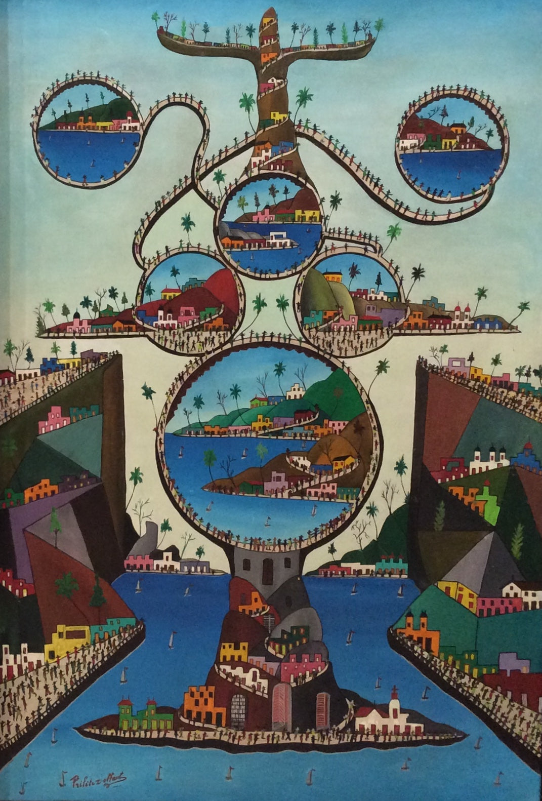 Painting by Préfète Duffaut, Haitian naïve artist known for fantastical imaginary cities, winding roads, and mystical Vodou-inspired elements.