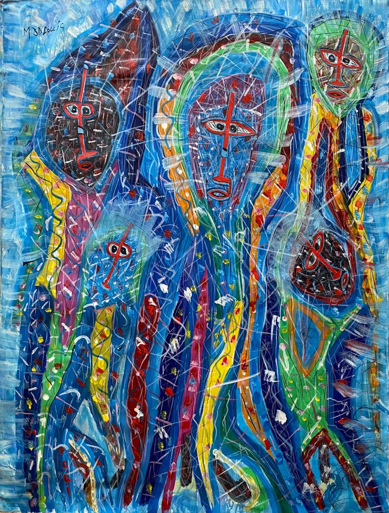 Painting by Haitian artist Maxan Jean-Louis (born 1966, Jérémie), featuring Vodou-inspired naïve imagery, Saint-Soleil color harmonies, flattened figures, and repeating ornamental motifs.
