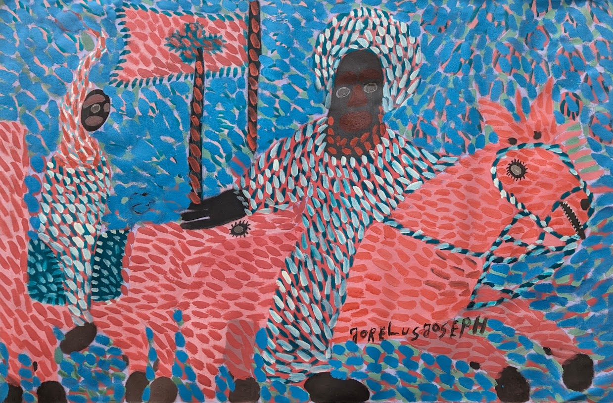 Vodou-inspired naïve painting by Haitian artist Jorélus (1947–2009), featuring ceremonial figures, symbolic motifs, and vibrant, narrative color.