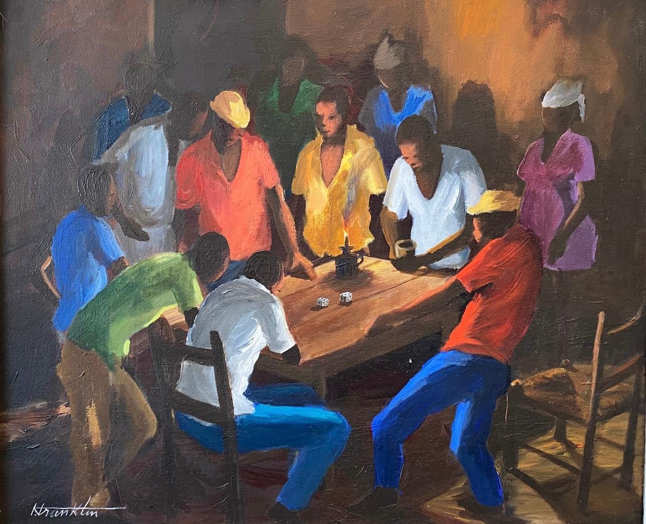 Kesnel Franklin Haitian painting depicting Vodou-inspired figures and dancers, mid-20th century Caribbean art, authenticated by Myriam Nader Gallery.