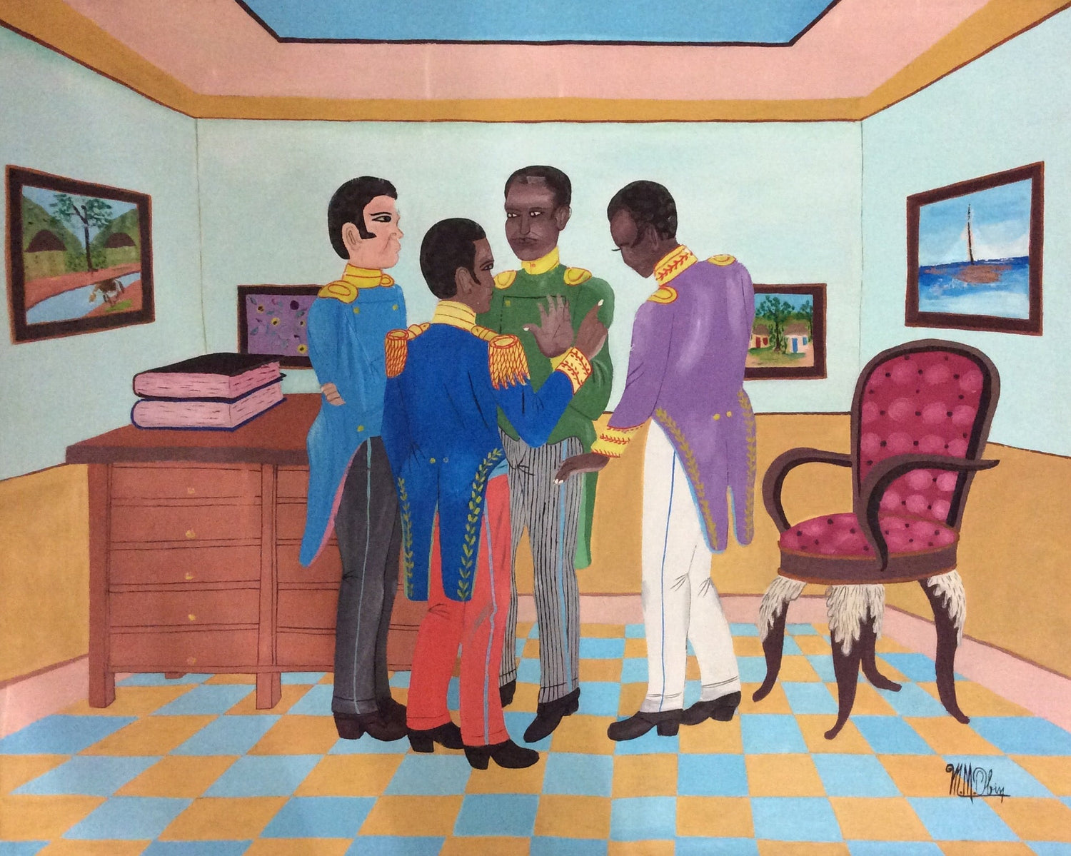 Michel M. Obin, Haitian artist and grandson of Sénéque Obin, known for two-dimensional Cap-Haïtien School paintings with narrative scenes.