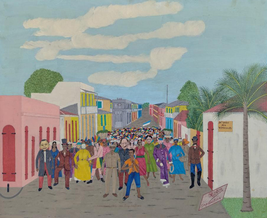 Painting by Philomé Obin, Haitian master known for precise, narrative scenes of Cap-Haïtien life, street views, and historical events.