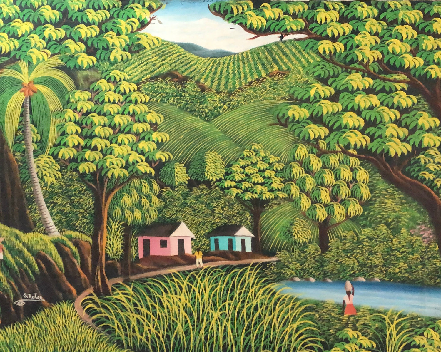 Samuel Rocker 24"x30" Houses in Green Landscape Oil on Canvas Painting#1YN