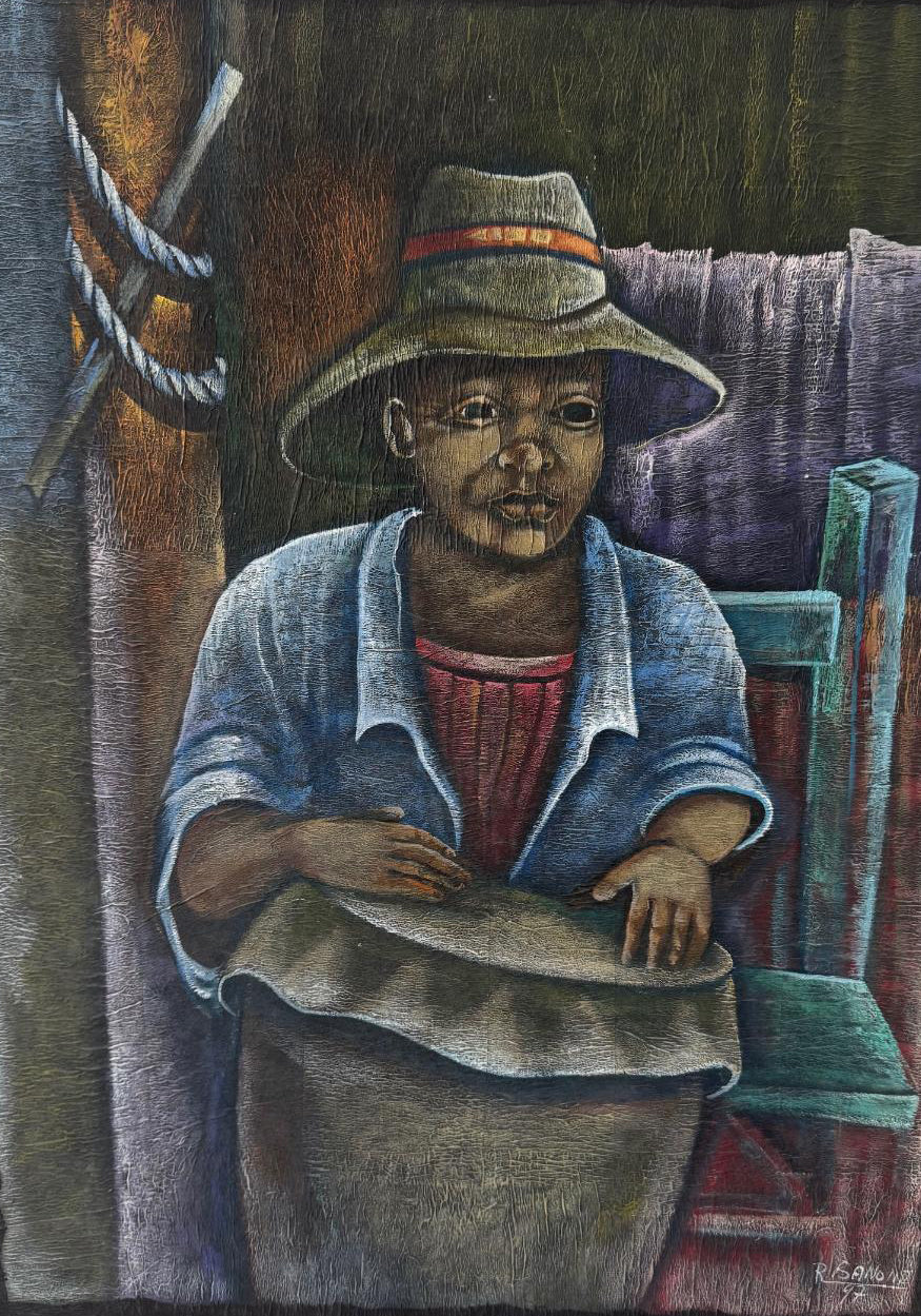 Haitian painting by Roosevelt Sanon (born 1951, Jacmel), featuring an expressive narrative scene of daily life in a naïve style with vibrant color.