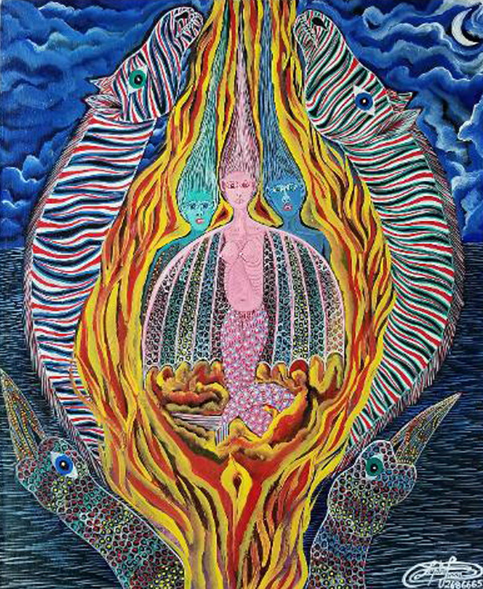 Painting by Frantz Zéphirin, Haitian contemporary artist known for vivid colors, animal-headed figures, and symbolic social commentary.