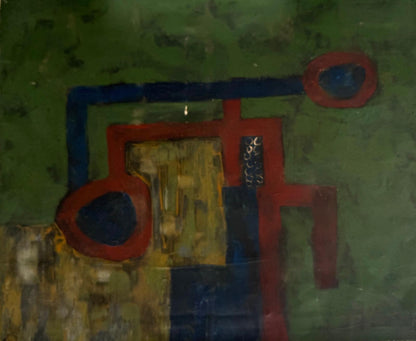 Abstract art with red, blue, and yellow shapes on a textured green background