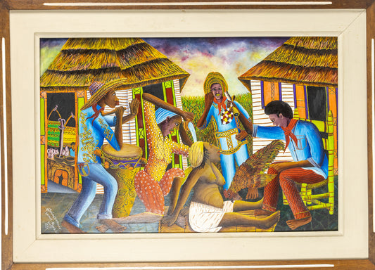 Wilmino Domond (1925-2006) 16.25"x24.25"  Voodoo Ceremony with a Rooster 1946 Oil on Board Framed Painting #8SS