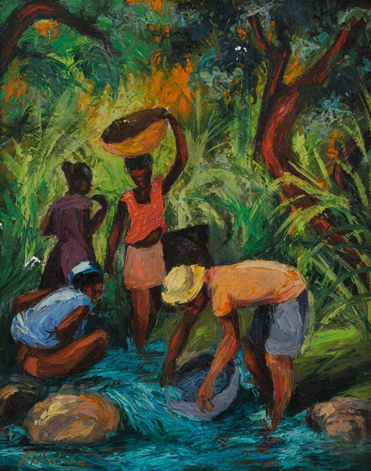 A. Labbé Haitian river scene painting with figures washing in water, lush tropical landscape, oil on canvas