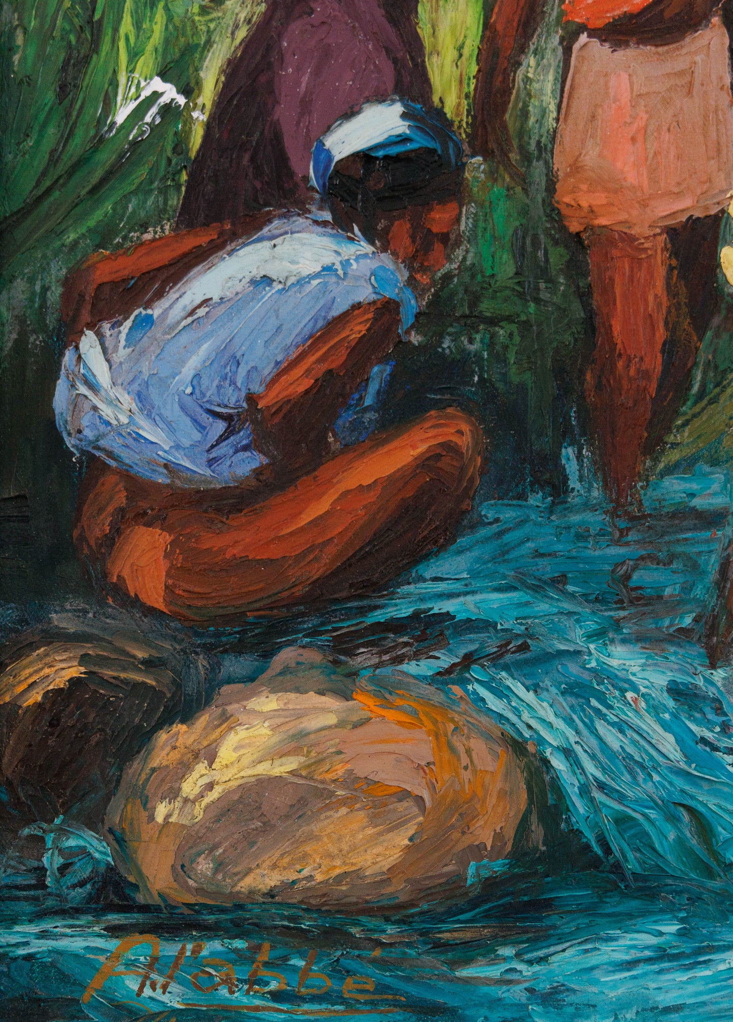 Andre Labbe (1950-2021) 20" x16" River Scene with Figures c1980 Oil on Canvas Unframed Painting #1LW