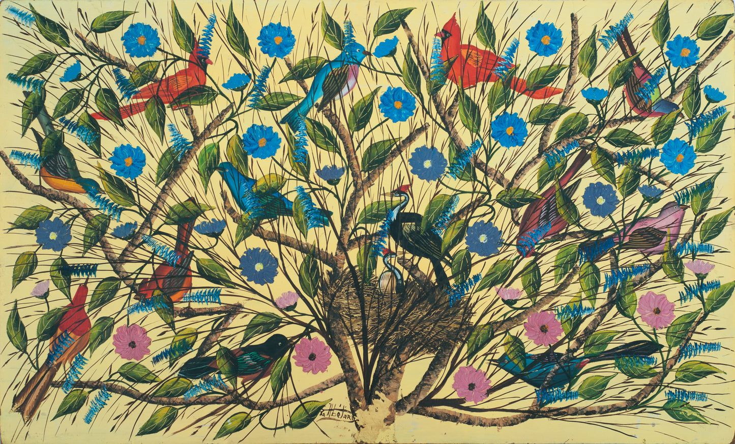 Gesner Abélard (Haïtien, 1922-DCD) 24"x40" Oiseaux et nids c1981 Huile sur carton Peinture non encadrée #14-3-96GSN-Fondation Marie &amp; Georges S. Nader