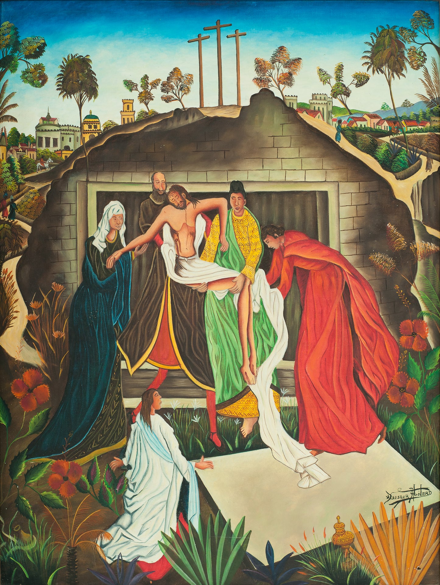 Gesner Abélard (Haïtien, 1922-DCD) 48"x36" La Passion de Jésus c1976 Huile sur toile Peinture non encadrée #51-3-96GSN-Fondation Marie &amp; Georges S. Nader