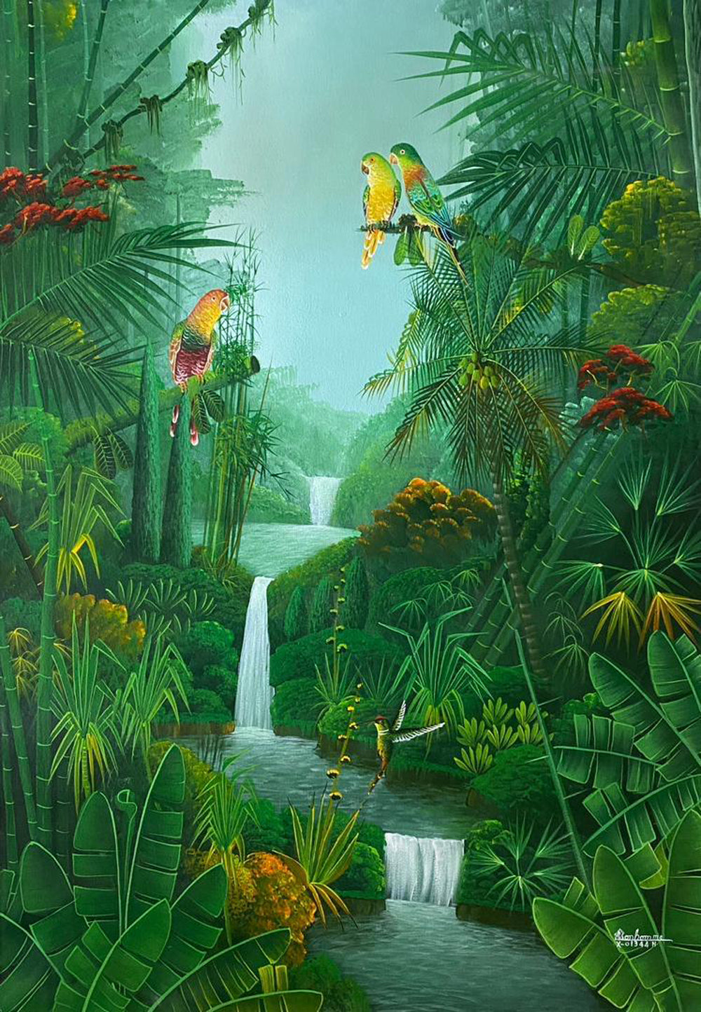 Albott Bonhomme 43"x30" Three Birds on Branches 2024 Acrylic on Canvas Painting #2JN-HA