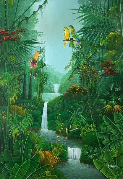 Albott Bonhomme 43"x30" Three Birds on Branches 2024 Acrylic on Canvas Painting #2JN-HA