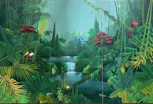 Albott Bonhomme  60"x40" Tropical Jungle Landscape with Waterfall & Parrots c2000 Acrylic on Canvas Unframed Painting #4JN-HA