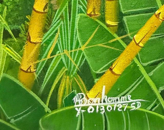 Albott Bonhomme 16"x 12" Egrets in a Bamboo and Palm Paradise 2026 Acrylic on Canvas Mounted on Panel Painting #66MFN