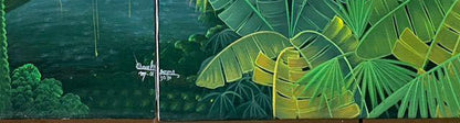 Albott Bonhomme  60"x40" Tropical Jungle Landscape with Waterfall & Parrots c2000 Acrylic on Canvas Unframed Painting #4JN-HA