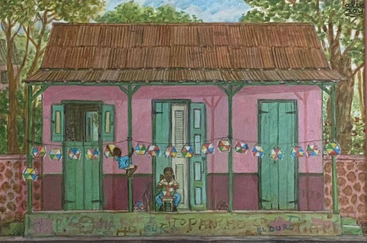 Alix Roy (Haitian, 1930-2010) 9"x13" Gingerbread House With Children & Kites c2000  Framed Drawing on Paper  #1JN-HA