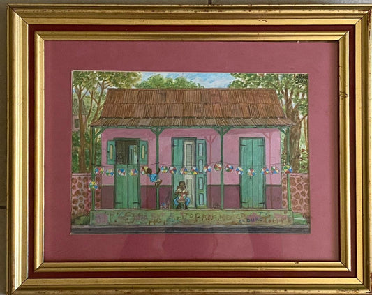 Alix Roy (Haitian, 1930-2010) 9"x13" Gingerbread House With Children & Kites c2000  Framed Drawing on Paper  #1JN-HA