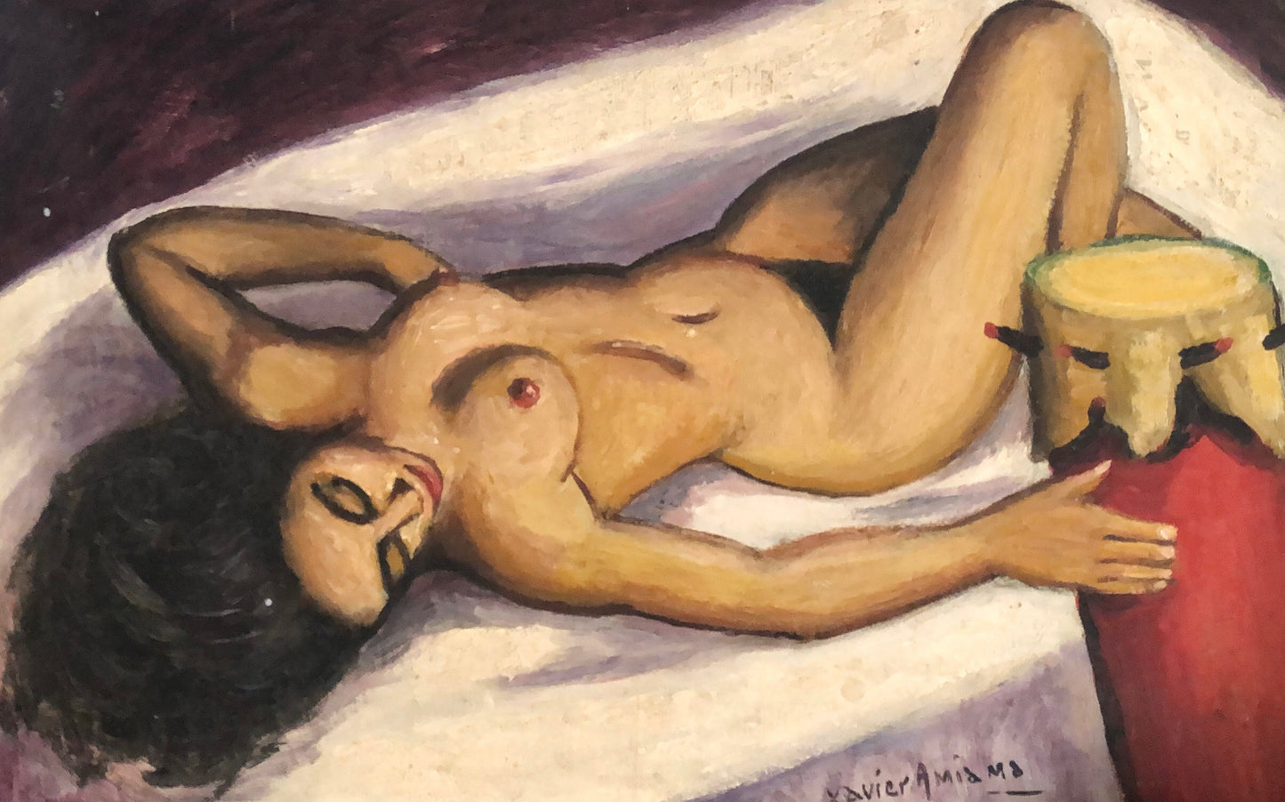 Xavier Amiama 15"x24" Nude with Drum 1960 Oil On Canvas Unframed Painting #1YN