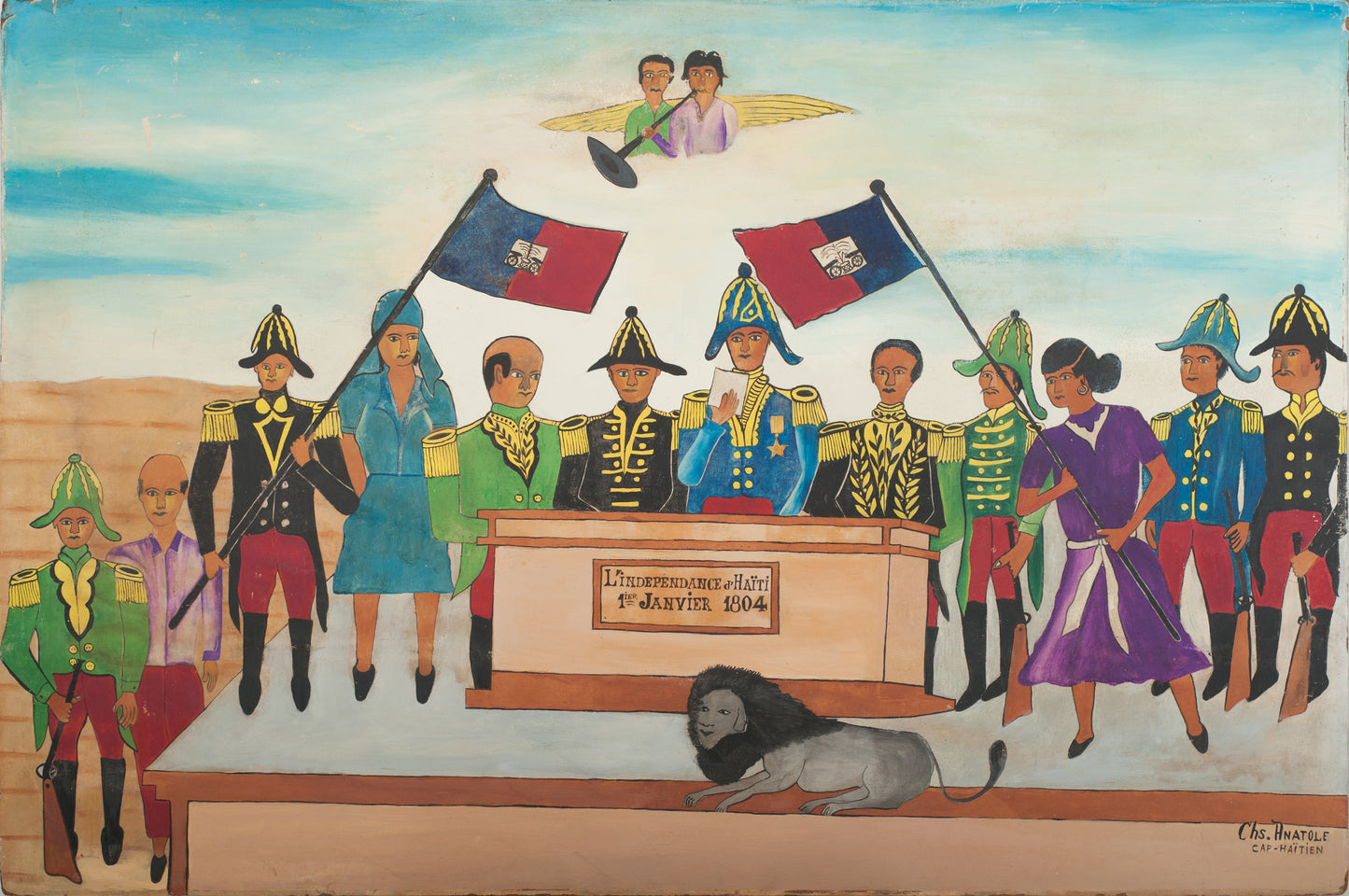 Charles Anatole (1922-1979) 24"x36" Haiti Independence 1972 Oil on Board Painting-Fondation Marie & Georges S. Nader #1-10-96GSN